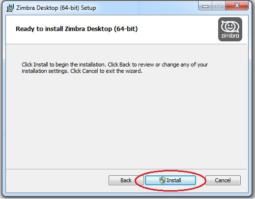 6. The Ready to install Zimbra Desktop dialog displays. Click Install to continue the installation process. Installation files packaged in the.
