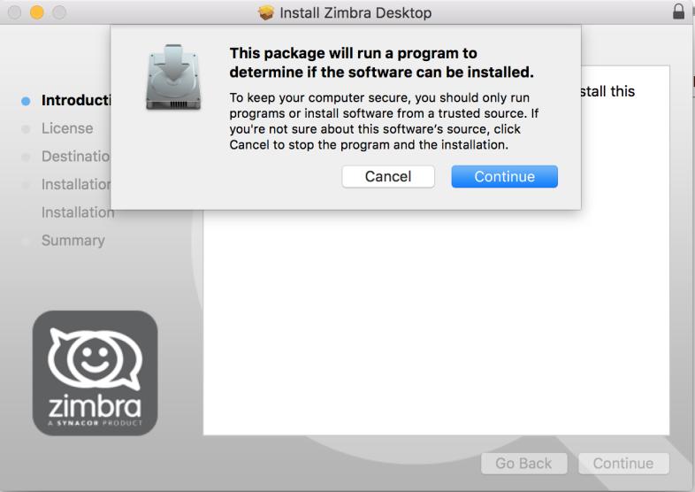 3. The Zimbra Desktop Installer wizard launches and a trusted source dialog displays.