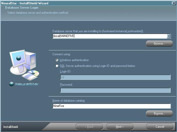 Install NeuralStar System 9. In the Database Server Login window, select the local or remote database server on which to install the NeuralStar 9.