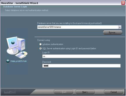 Install NeuralStar System 3. In the Database Server Login window, click Browse and select the remote database server\instance on which to install the NeuralStar database.