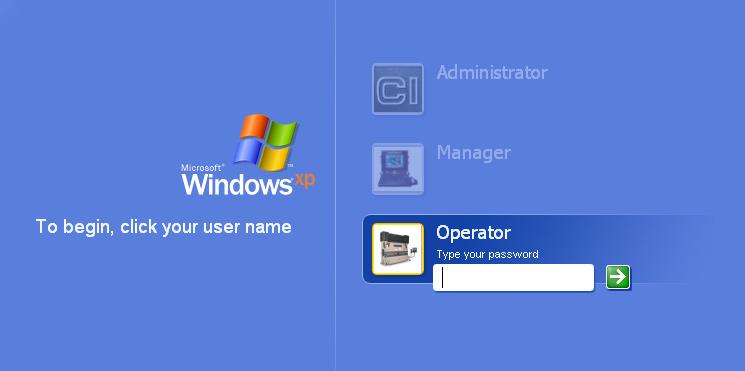 If the control has Windows XP installed, icons will appear for each of the three login levels. Clicking on the icon will bring up a password box.