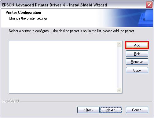 5. If no printers are listed select Add. 6. Select the correct printer that you have under Select Driver: (e.g.