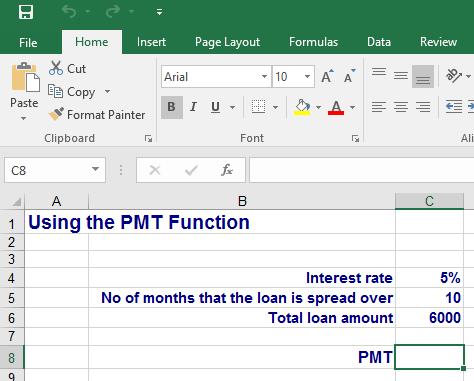Excel 2016 Intermediate Page 106 PMT Function Open a workbook called Functions - PMT. The workbook looks like this. This sheet contains data for the following scenario.