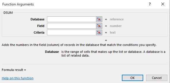 From the list of database functions displayed, scroll down and select the DSUM function.