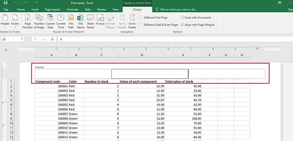 Excel 2016 Intermediate Page 12 You will see the Header area displayed at the top of the worksheet, as illustrated. Type in the text for your header, such as Stock Levels for January.