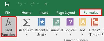 Click on the Formulas tab and within the Function Library group click on the Insert Function button. The Insert Function dialog box will be displayed.