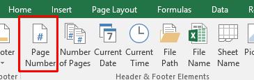 Within this Ribbon is the Header & Footer Elements group, as illustrated below. You can use the icons in this section in insert an Excel field, such as the Page Number.