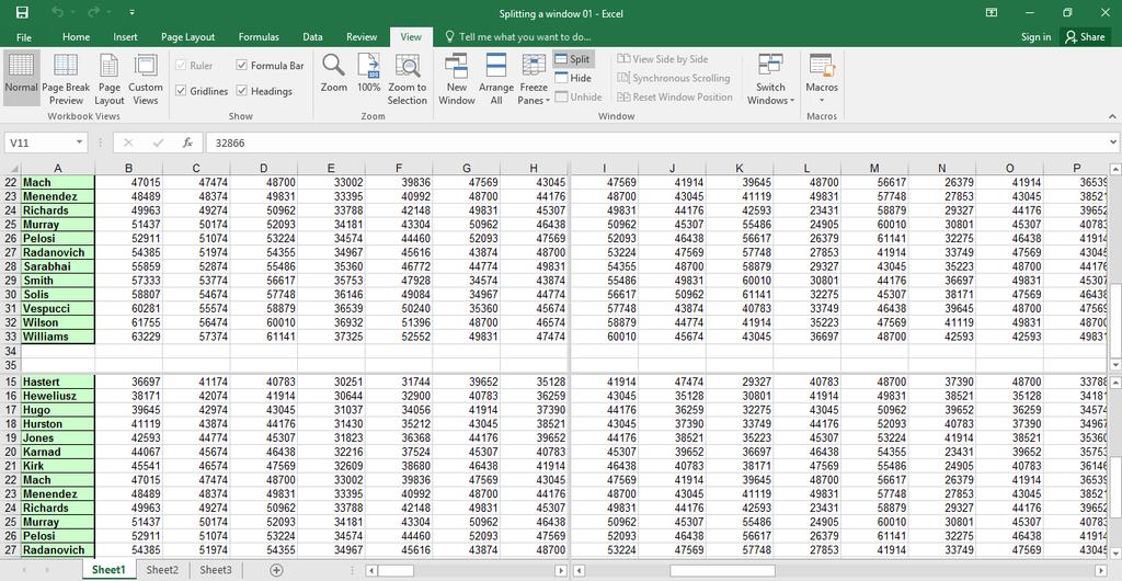 Excel 2016 Intermediate Page 153 The display will be split as illustrated. Within the top section scroll up or down and you will see that only the data in that section scrolls.