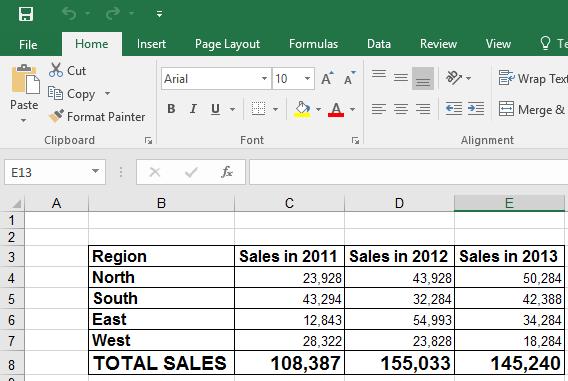 Excel 2016 Intermediate Page 156 Hiding columns Open a workbook called Hiding Columns 01. The data will look like this. We will hide the column displaying sales for 2016.