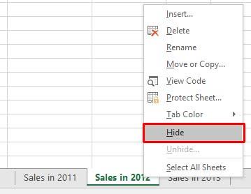 Excel 2016 Intermediate Page 158 Hiding worksheets Open a workbook called Hiding Worksheets 01. Click on the sheet tab to select the sheet you wish to hide, in this case Sales in 2012.