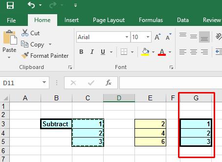 Excel 2016 Intermediate Page 179 The value in cell C3 (i.e. 1) is subtracted from the original contents of cell G3 (i.e. 2). So the result displayed in cell G3 is 2-1=1. The value in cell C4 (i.e. 2) is subtracted from the original contents of cell G4 (i.