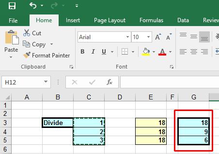Excel 2016 Intermediate Page 183 The value in cell C3 (i.e. 1) is used to divide the original contents of cell G3 (i.e. 18).