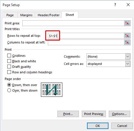 Excel 2016 Intermediate Page 199 Click within the top row on the worksheet and your dialog box will look like this. Click on the OK button to close the dialog box.
