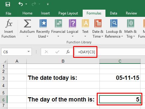 Excel 2016 Intermediate Page 34 Click on the OK button and the current day of the month will be displayed within cell, C6.