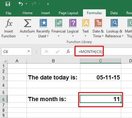 The function syntax is displayed within the Formula Bar, above the worksheet. =MONTH(C3) Save your changes and close the workbook.