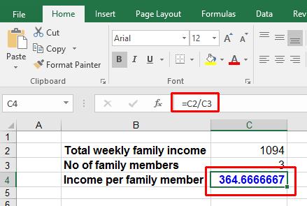Click on cell C4 containing the formula C2/C3. As you can see, the result is displayed using a large number of decimal places.