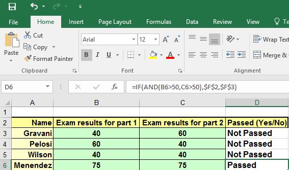 Excel 2016 Intermediate Page 52 Copy the formula in cell D3 to the cell range D4:D6 and you will see the following: The only person to get more than 50 in both parts of the examination is Menendez,