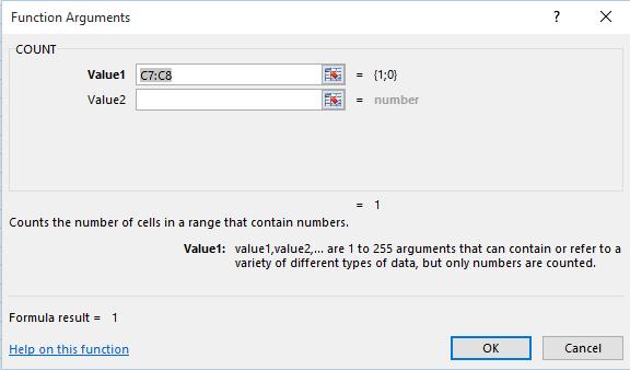Excel 2016 Intermediate Page 58 The Function Arguments dialog box is displayed. In the Value1 section of the dialog box, Enter the cell range C5:C8.