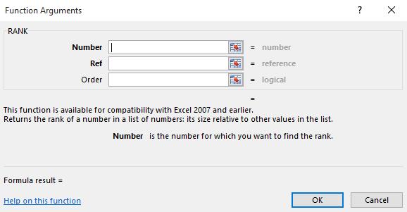 The Function Arguments dialog box will be displayed. Enter the following data. In the Number section we specify the item to rank, in this case C4.