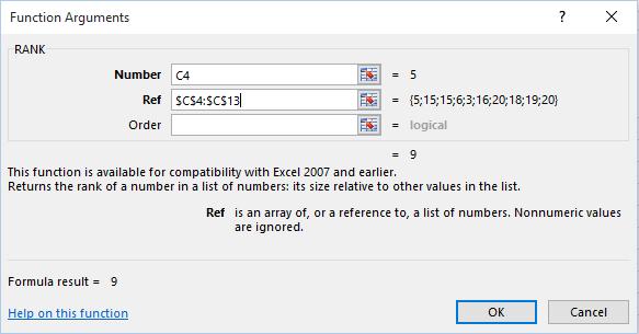 Excel 2016 Intermediate Page 72 TIP: Within the Order section, if we do not enter a value, or if we enter a 0, then the rank will be sorted in descending order.