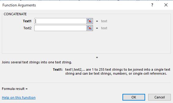 Click within the Text 2 section of the dialog box and then click on cell A2.