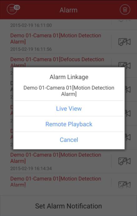 2. In the pop-up message box, select Live View or Remote Playback to view the live view or video file of the camera that occurs motion detection, video loss, video tampering, line crossing,