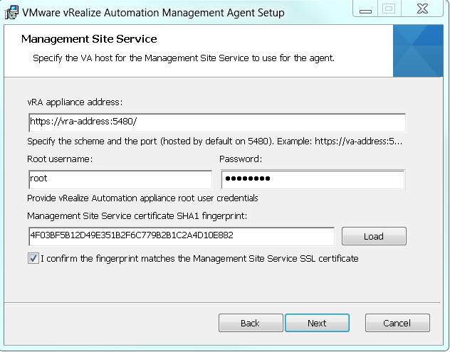 Text box Management Site server certificate Load Input The SHA1 fingerprint for the Management Site Service certificate. The Management Site Service is hosted on the vrealize Automation appliance.