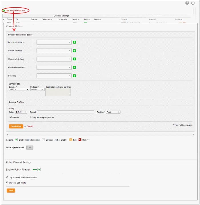 The 'Policy Firewall Rule Editor' interface is divided into three areas for specifying the different components of the rule: Address Settings and Schedule - Choose the source and destination of the