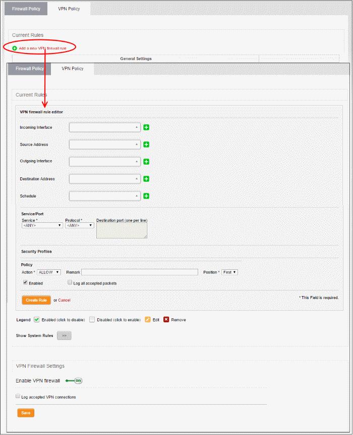 The 'VPN Firewall Rule Editor' interface is divided into three areas for specifying the different components of the rule: Address Settings and Schedule - Choose the source and destination of the