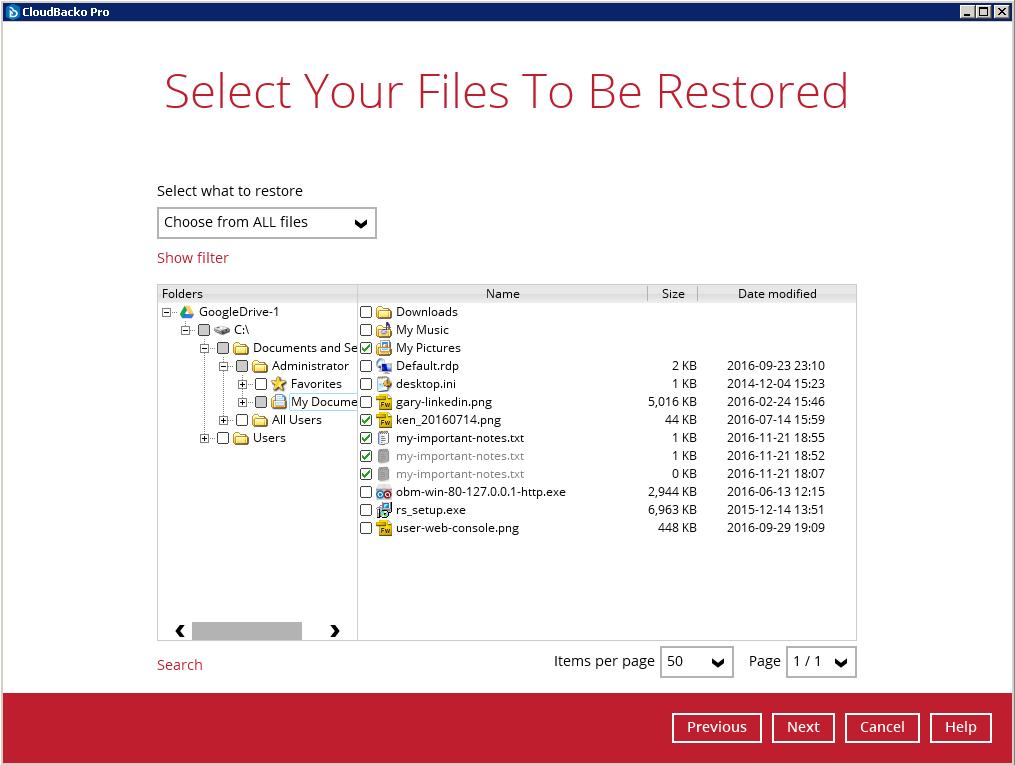 If you select Choose from ALL files then, all files and their versions will be shown in one view so that you can choose to restore the current and old versions to restore. E.g.