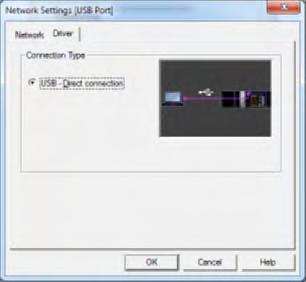 5 Operation 2 Select the Settings button next to the Network Type selected, to display the Network settings window, and select the Driver tab (USB is shown as the example below).