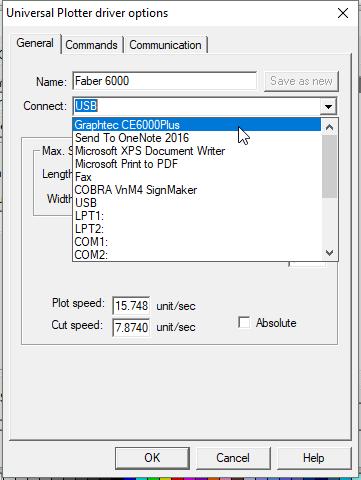 6. From the Connect drop-down menu, select the option that matches the name listed in Printers. It will either be Graphtec CE6000 or Graphtec CE6000Plus. The driver works for both versions. 7.
