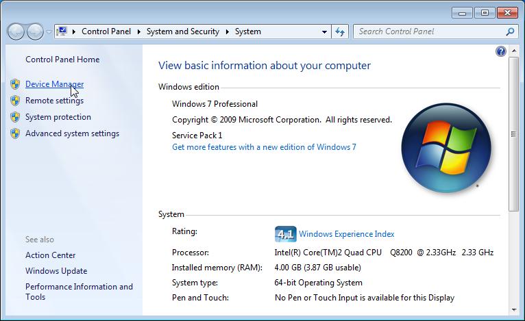 2. Note the System type either 32-bit or 64-bit. Next, click Device Manager on the pane on the left.