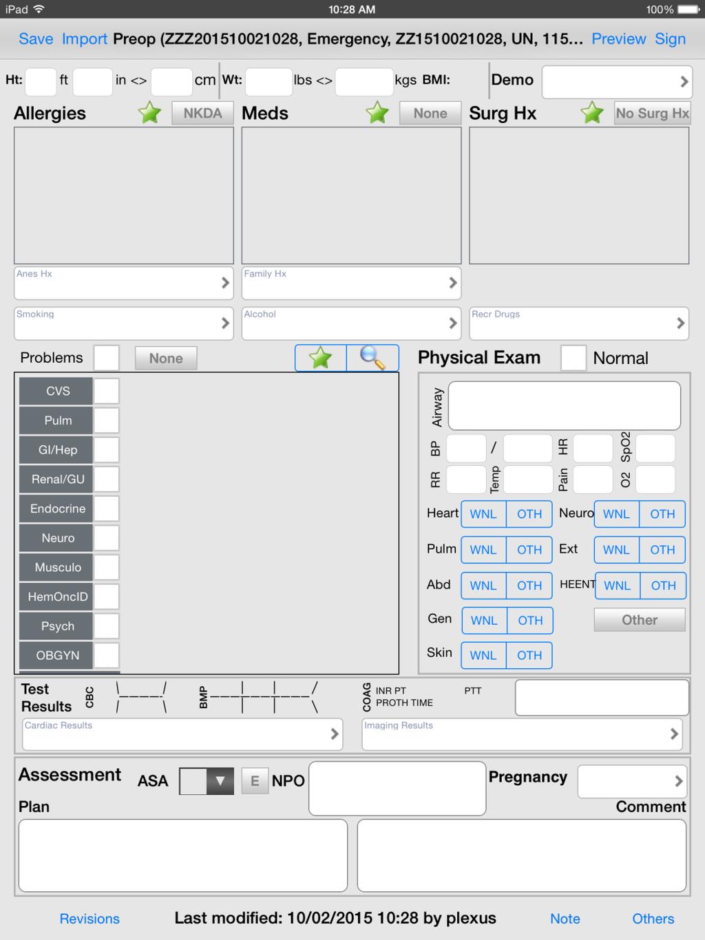 Using Anesthesia Touch to Conduct a Preop Evaluation When you select the Anesthesia Preop Evaluation option under the Documents button in the Appointments screen, the Preop document opens.