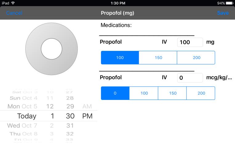 If you tap one of the medication group buttons (for example, Preop Meds), the screen opens,