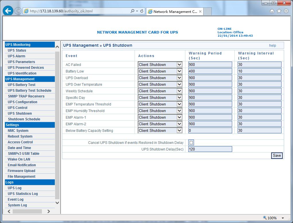 Diagram 3.3.5 3.3.6 UPS Configuration menu UPS Configuration menu can be accessed by UPS Management UPS Configuration. User can configure the limited point of UPS overload and over-temperature.