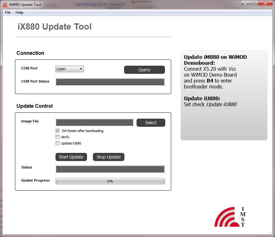 Firmware Update by Bootloader Figure 4-1: ix880 Update Tool For im880a on WiMOD Demoboard a bootloading cable needs to be mounted to enter the bootloader mode according the
