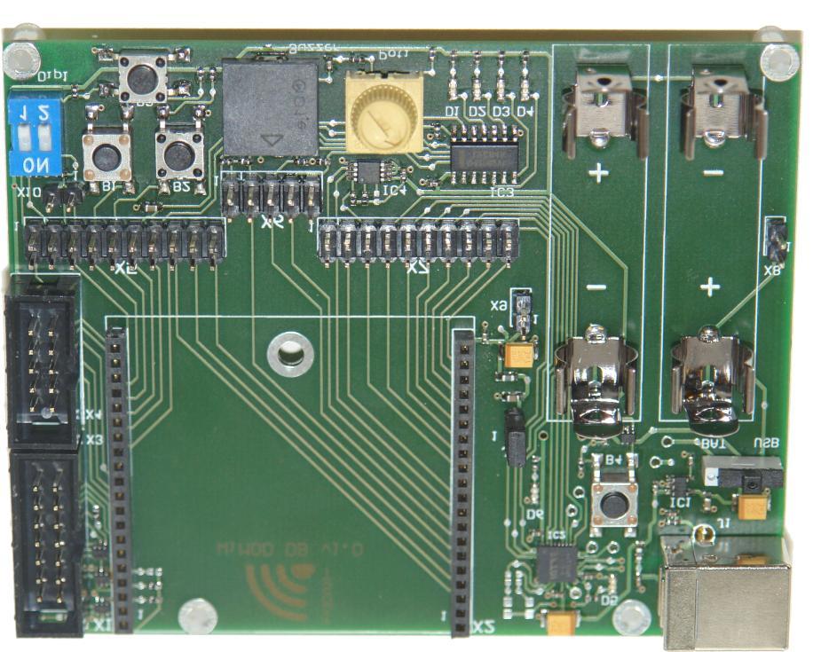 Hardware Information 2.2 WiMOD Demo Board The WiMOD im880b provides several functional units like buttons, LEDs, a potentiometer, a buzzer and a temperature sensor.