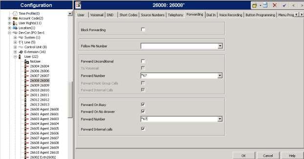 Select the Forwarding tab: Check boxes for Forward On Busy, Forward On No Answer and Forward Internal Calls.