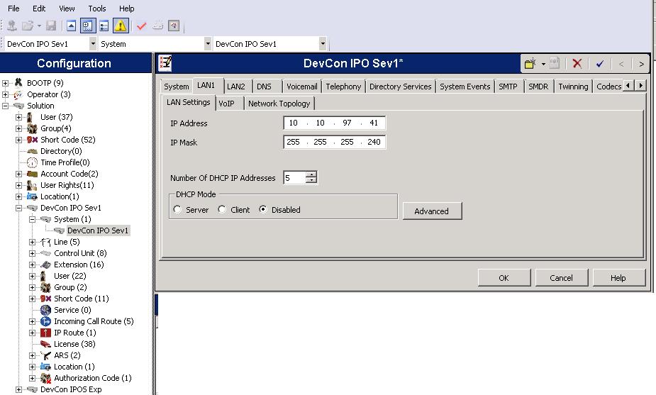 5.2. Obtain LAN IP Address From the configuration tree in the left pane, select System to display the screen in the right pane, where DevConIPOSev1 is the name of the IP Office system.
