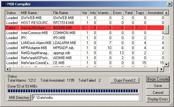Compiler Dialog Screen The MIB Compiler screen provides the ability to compile and see the results of each compiled MIB.