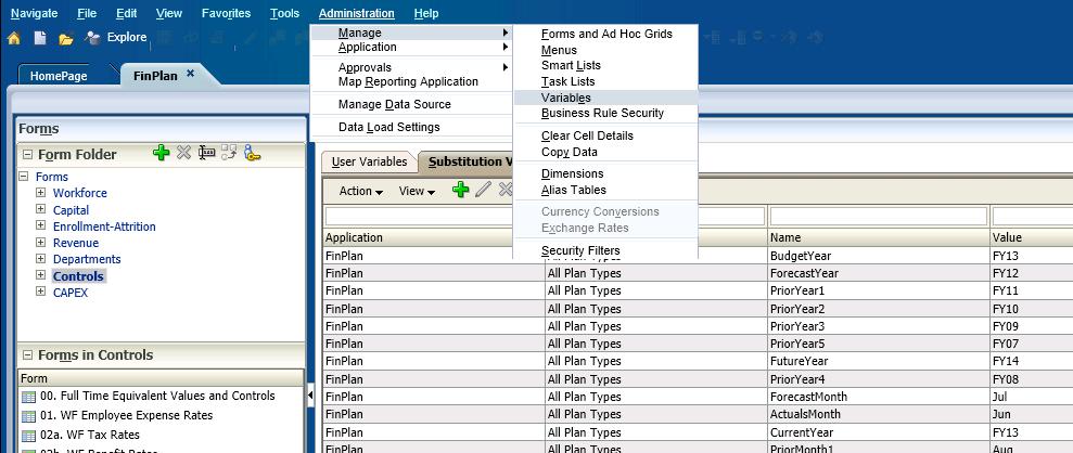 Manage Substitution Variables via Planning For Planning Applications To edit substitution variables: Administration > Manage > Variables > Substitution Variables tab Changes