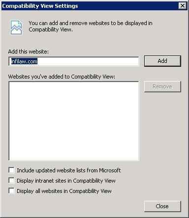 Go to: Tools > Compatibility View Settings Insert Domain Here Ensure that the site is not in