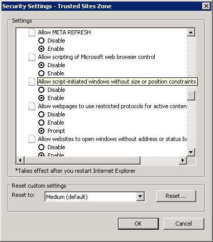 Settings for IE Optimization (On each users local version or IT pushed settings) Issue: Menus aren t working properly Go to: Internet Options > Security > Choose the zone where the address