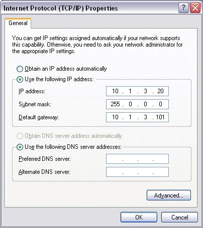 In the IP Address field enter 10.1.3.20. In the Subnet Mask field enter 255.0.0.0. The Router should be set to 10.