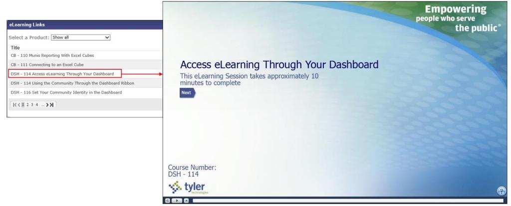 The elearning Links web part provides access to elearning tutorials directly from the Tyler Dashboard.