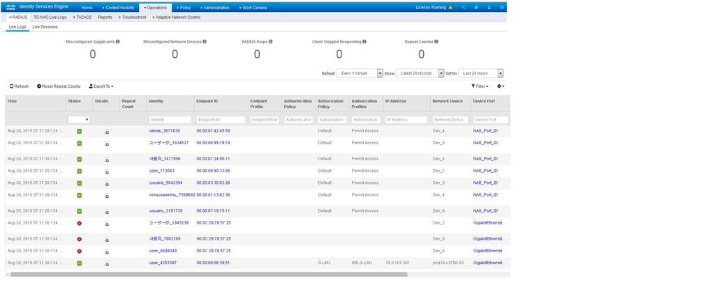 Identity Source Reports Choose Operations > RADIUS Livelog to view real-time authentication summary. For more information about RADIUS Live Logs, see RADIUS Live Logs.
