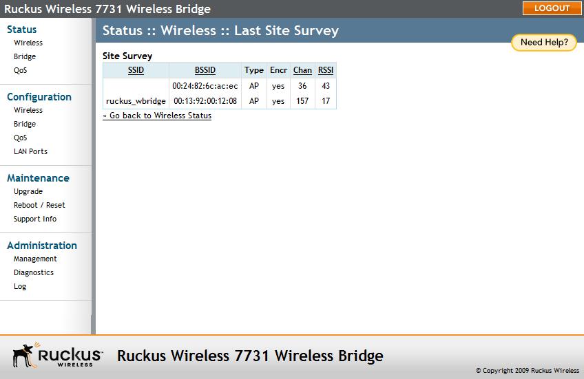 Managing the Wireless Bridge Scanning for Interference Scanning for Interference The ZoneFlex 7731 includes a Site Survey tool that allows you to scan for other wireless networks nearby which may