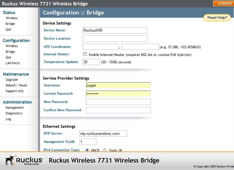 Managing the Wireless Bridge Changing the Administrative Login Settings Changing the Administrative Login Settings The default user name is super and the default password is sp-admin.