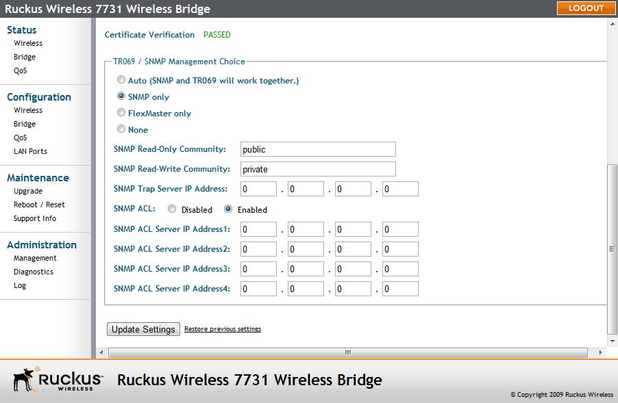 Managing the Wireless Bridge Enabling Other Management Access Options 5. Click Update Settings to save your changes.